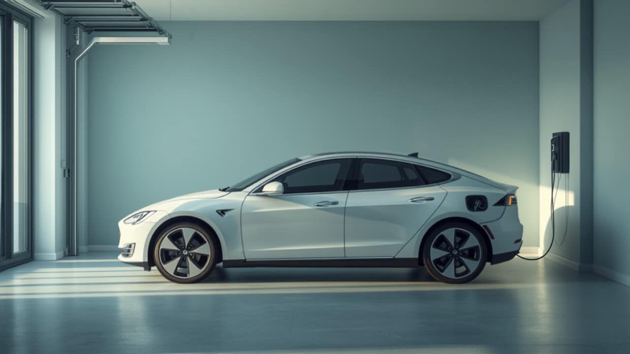 Qué potencia de cargador necesitas en casa - Punto Recarga Hogar Coche eléctrico conectado a un wallbox cargando en un garaje doméstico