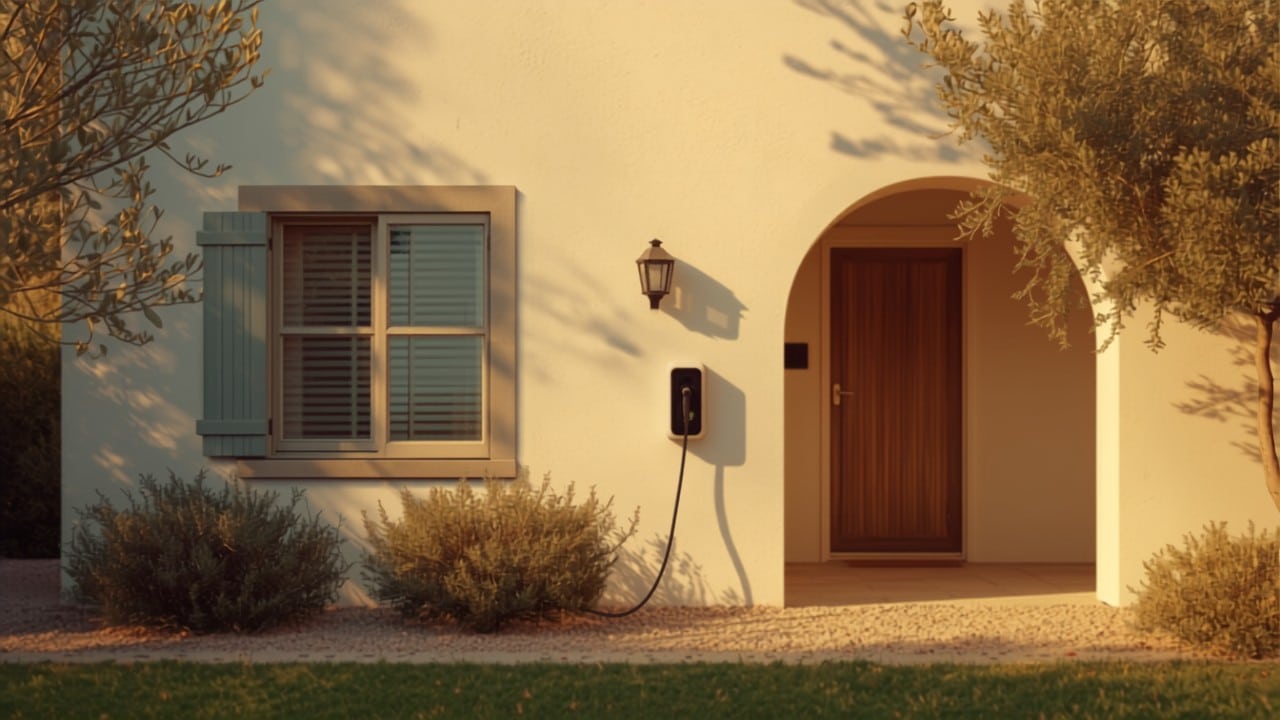 Ayudas autonómicas para instalar un punto de recarga - Punto Recarga Hogar Vivienda mediterránea con un wallbox de recarga en la fachada