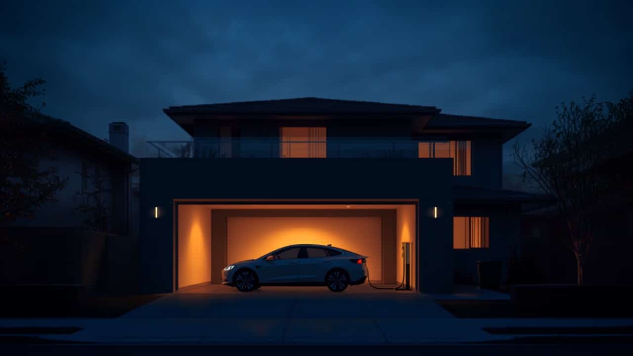Casa de noche con el garaje iluminado y un coche eléctrico cargando conectado a un wallbox
