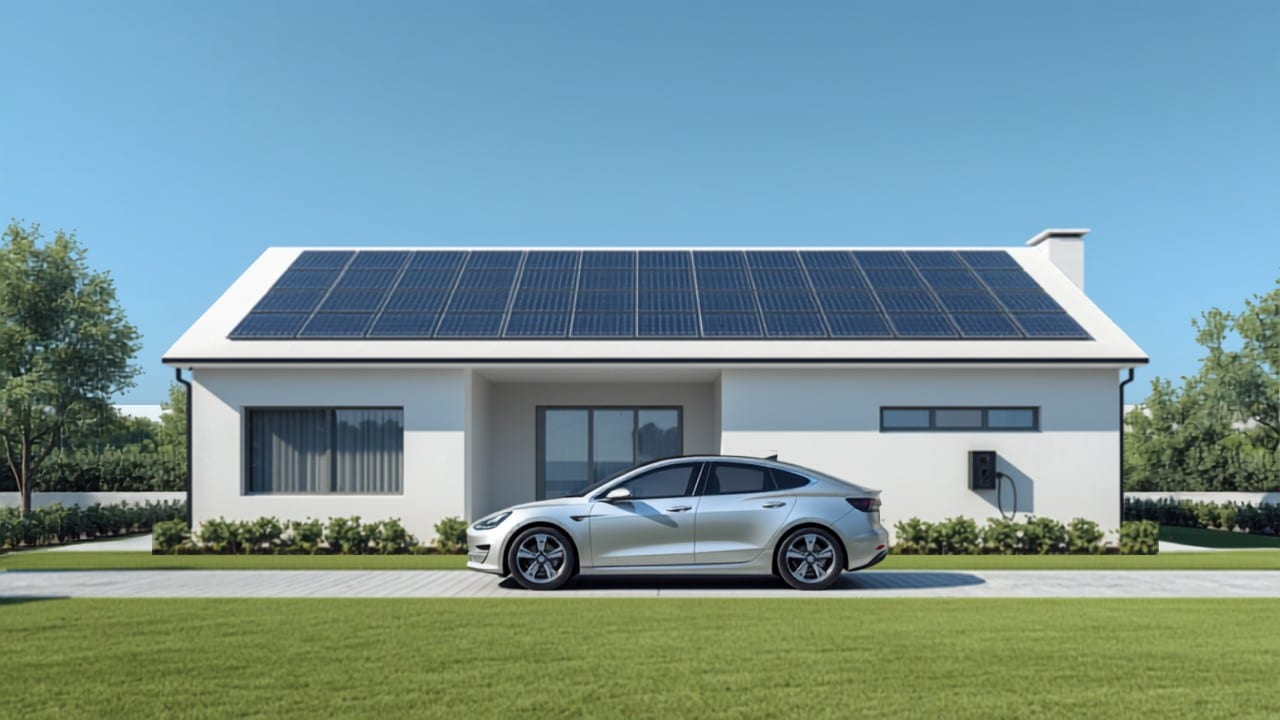 Cargar el coche con placas solares - Punto Recarga Hogar Vivienda con placas solares en el tejado y un coche eléctrico cargando con un wallbox