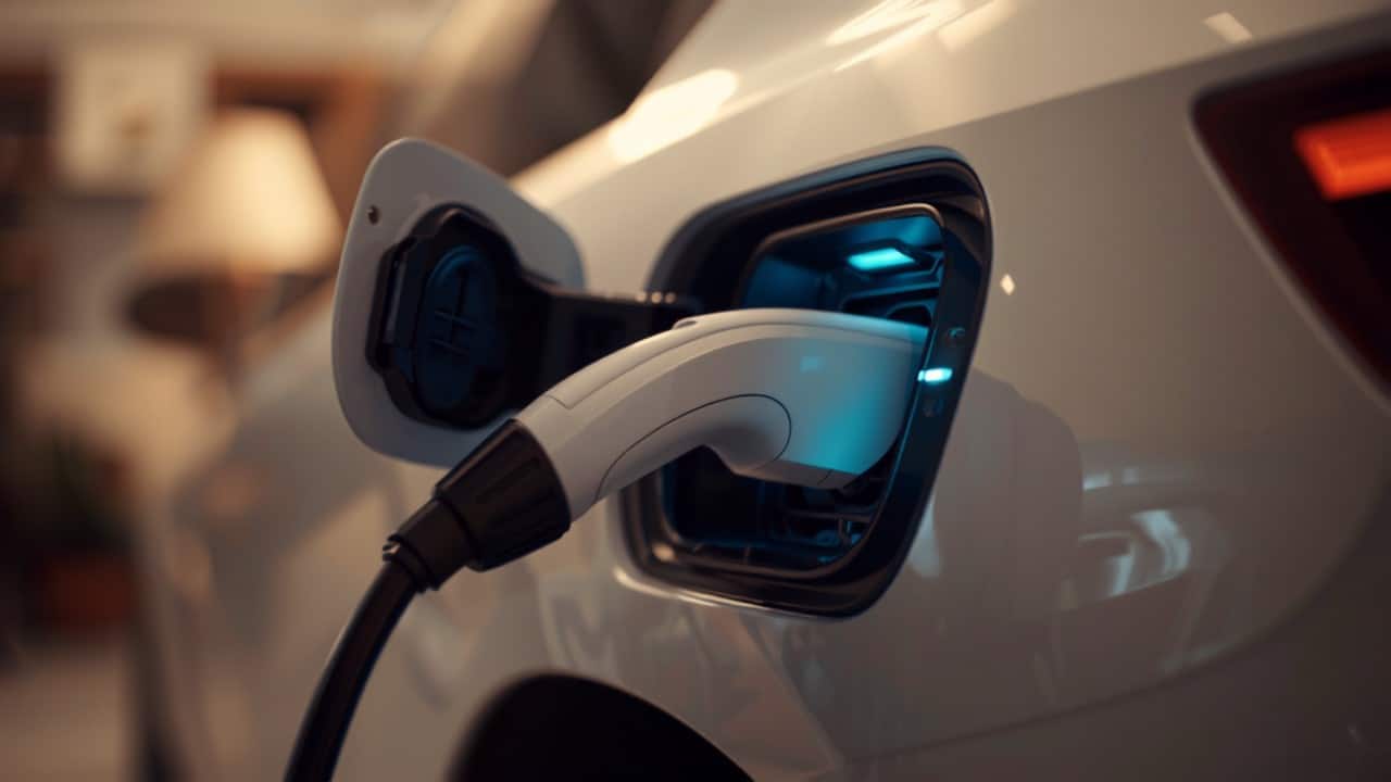 Coche eléctrico conectado a un punto de recarga doméstico cargando en el garaje de una vivienda