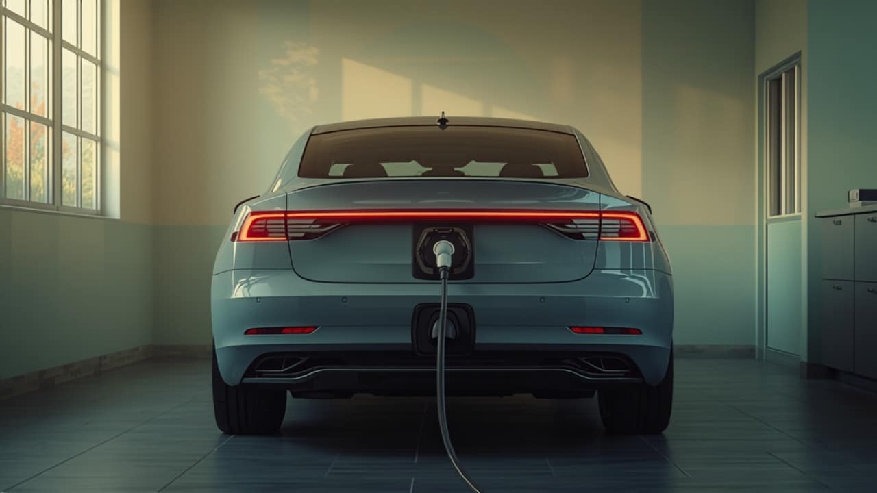Vehículo eléctrico conectado a un cargador doméstico en casa