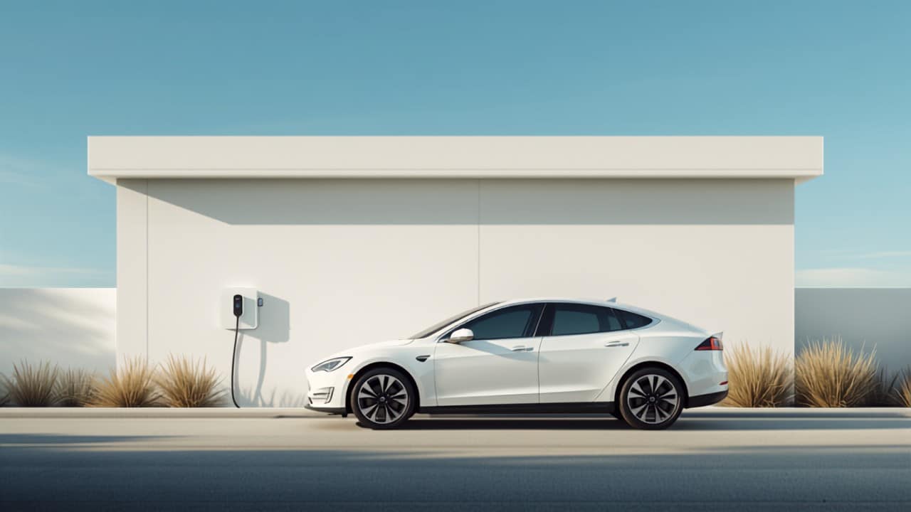 Eléctrico vs gasolina: coste anual comparado - Punto Recarga Hogar Coche eléctrico blanco cargando junto a una vivienda moderna con un wallbox