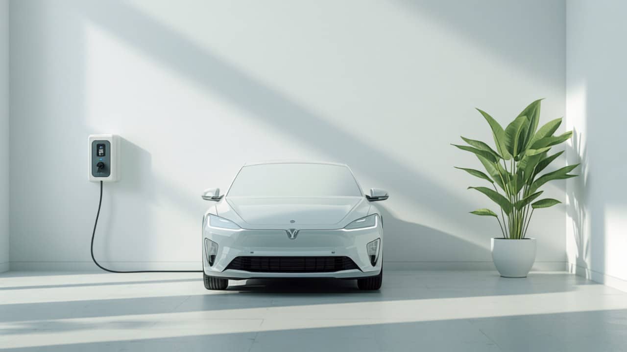 Cómo cuidar la batería del coche eléctrico al cargar en casa - Punto Recarga Hogar Coche eléctrico cargando en un garaje luminoso junto a una planta
