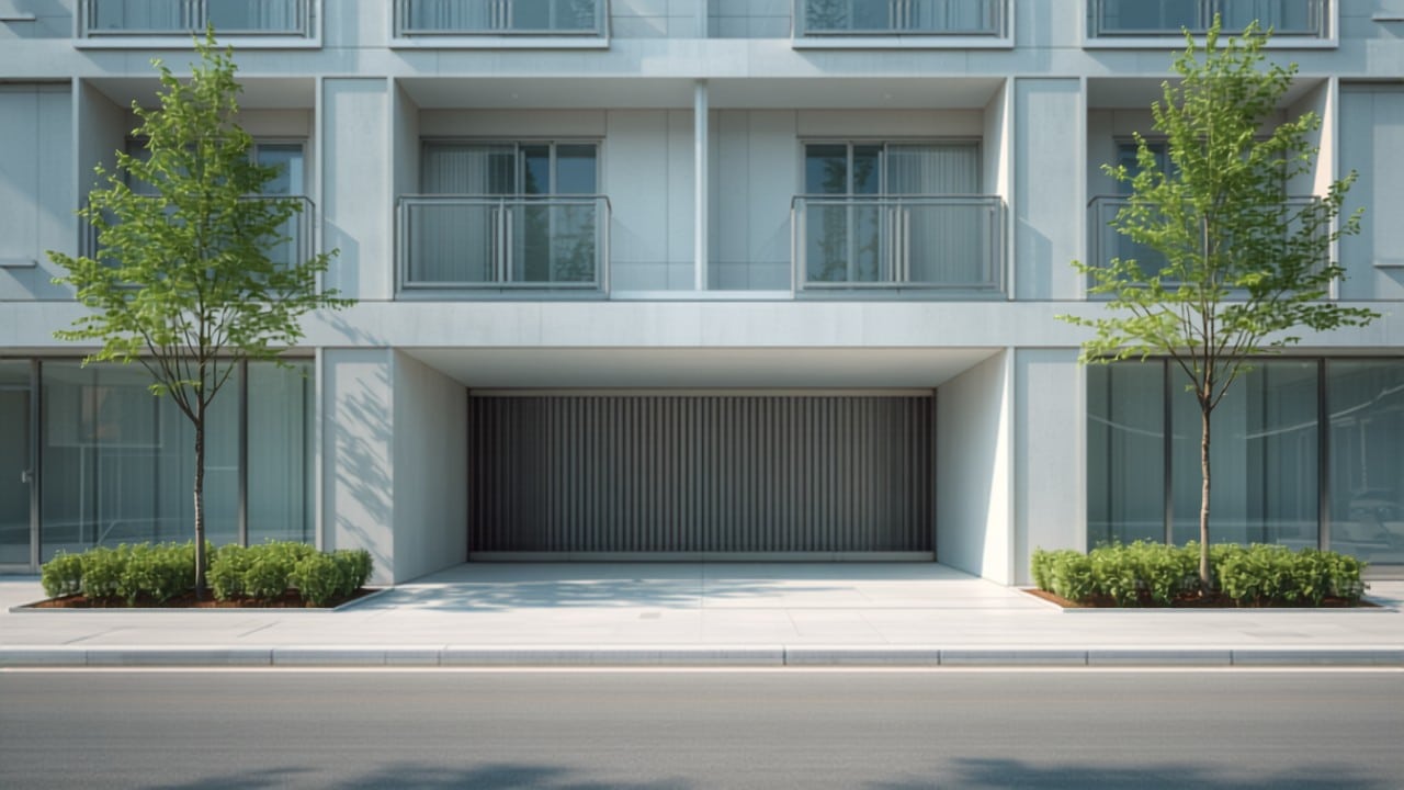 Cómo notificar a la comunidad la instalación del punto de recarga - Punto Recarga Hogar Fachada de un edificio residencial con la entrada al garaje comunitario