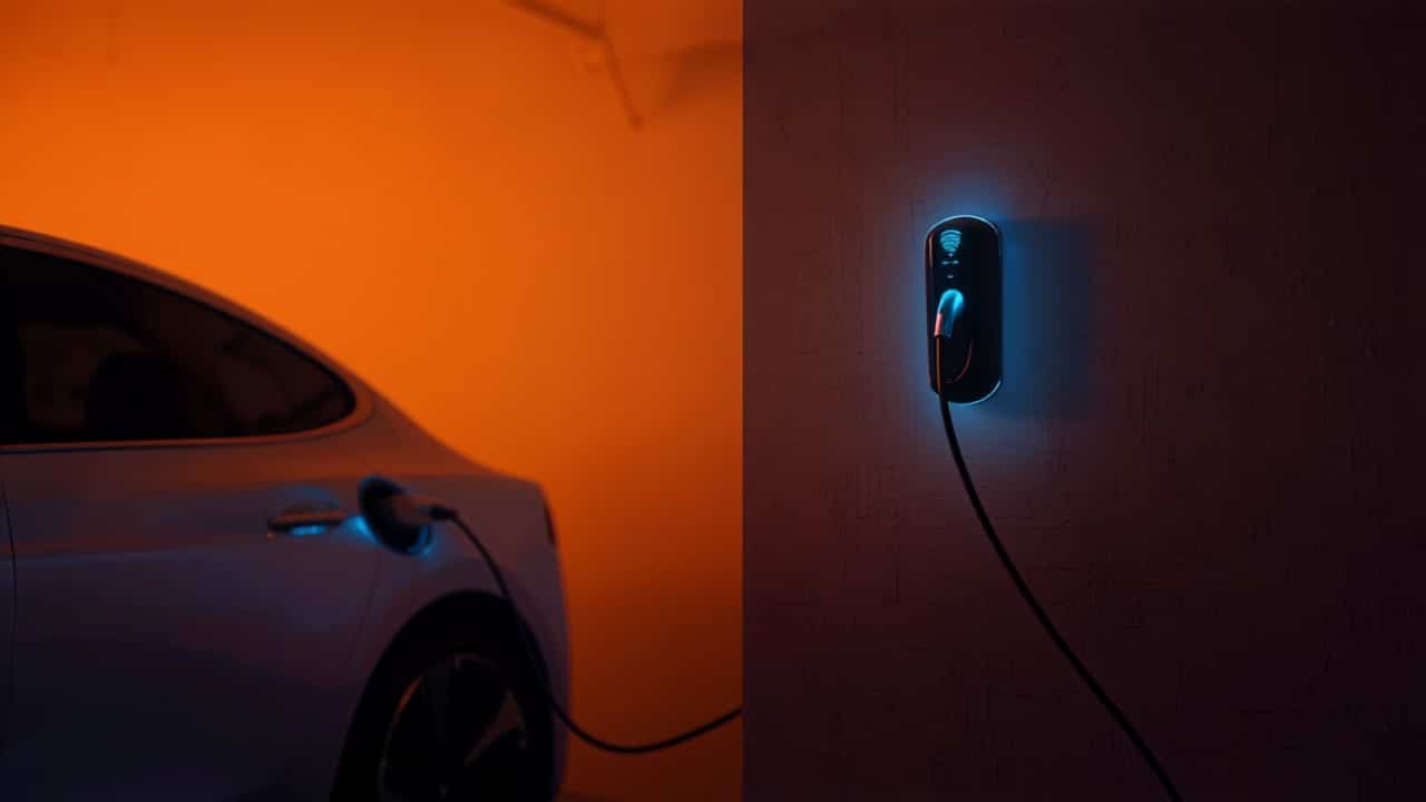 Cuánto cuesta cargar un coche eléctrico en casa - Punto Recarga Hogar Coche eléctrico cargando de noche en casa conectado a un wallbox con luz de carga