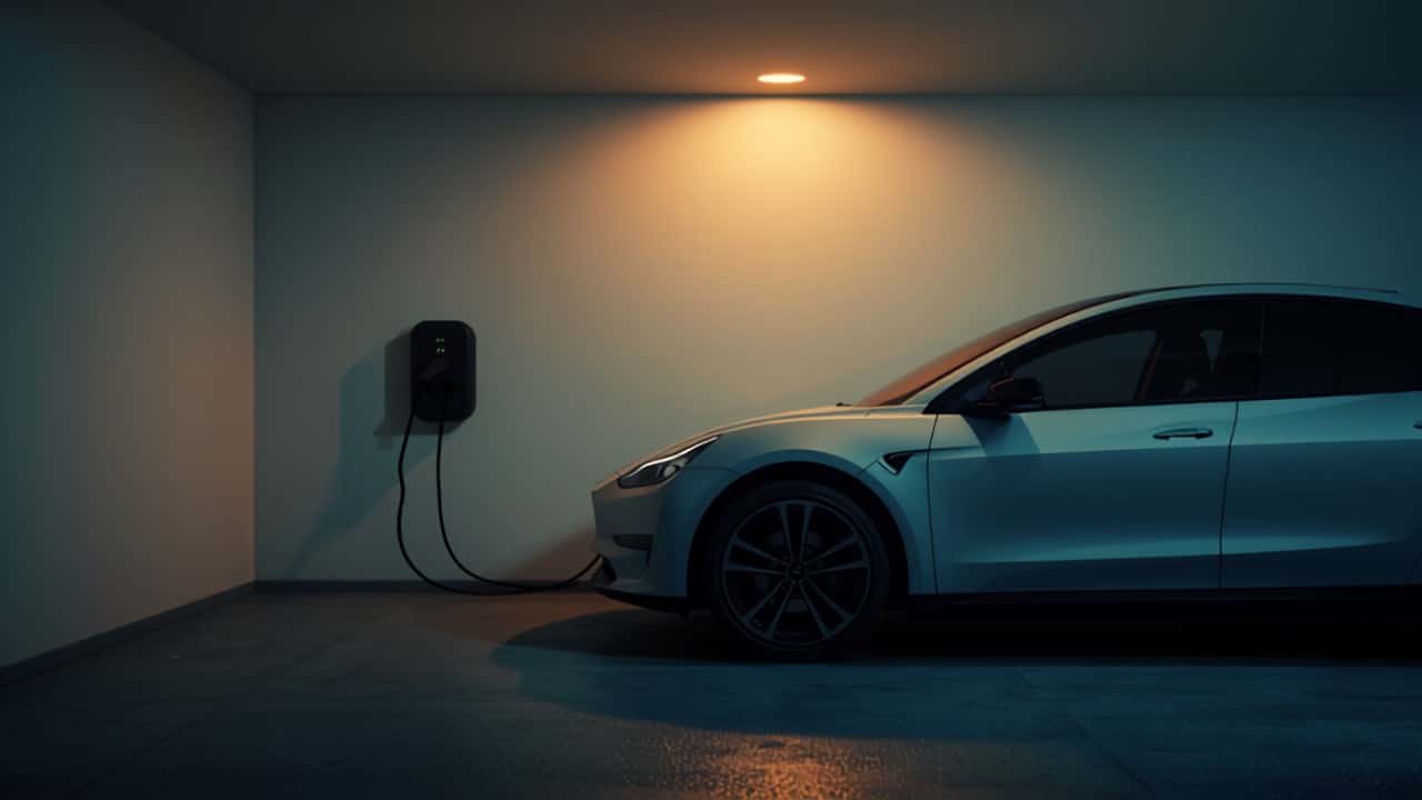 ¿Cuánto sube la factura de la luz con un coche eléctrico? - Punto Recarga Hogar Coche eléctrico cargando de noche en un garaje doméstico con un wallbox