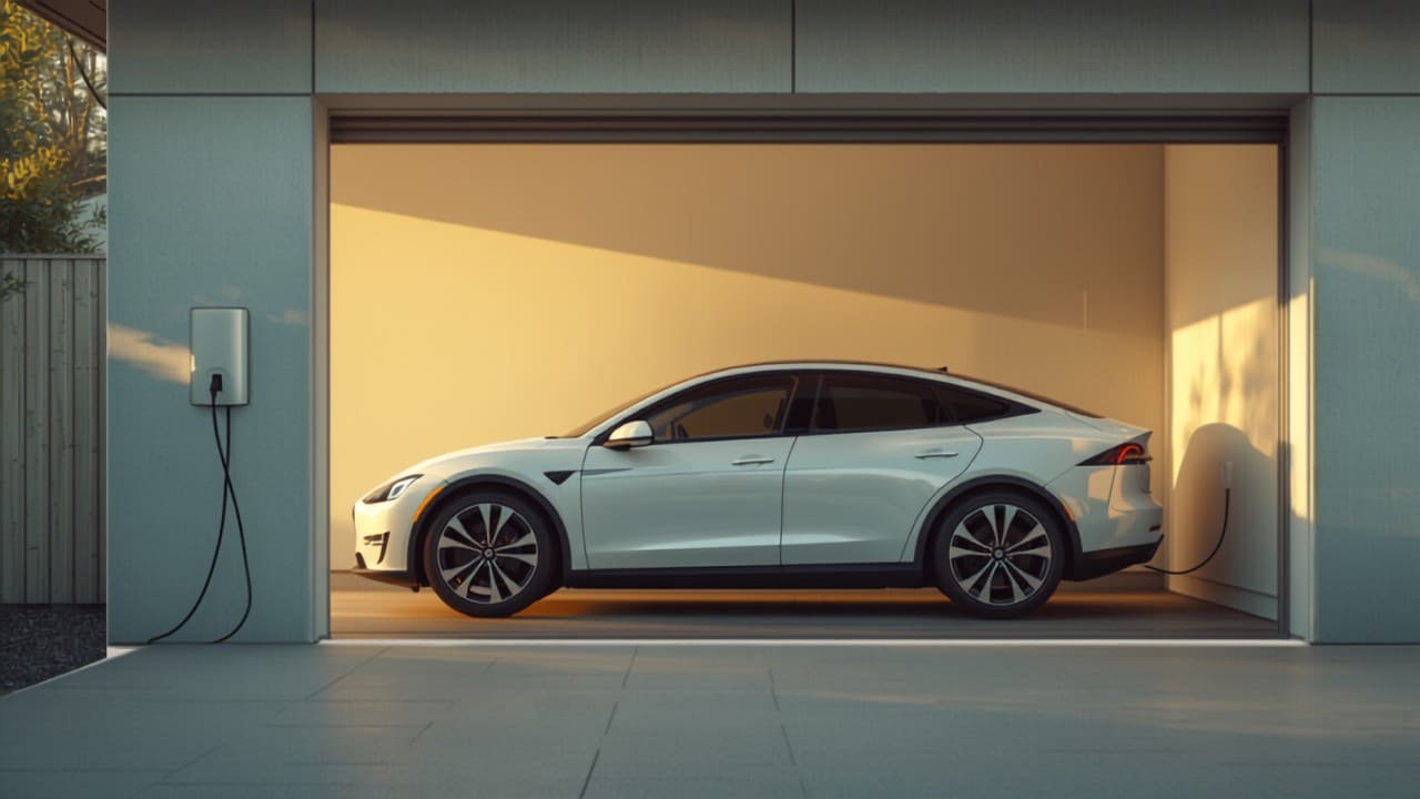Coche eléctrico cargando en el garaje de una vivienda con un punto de recarga doméstico