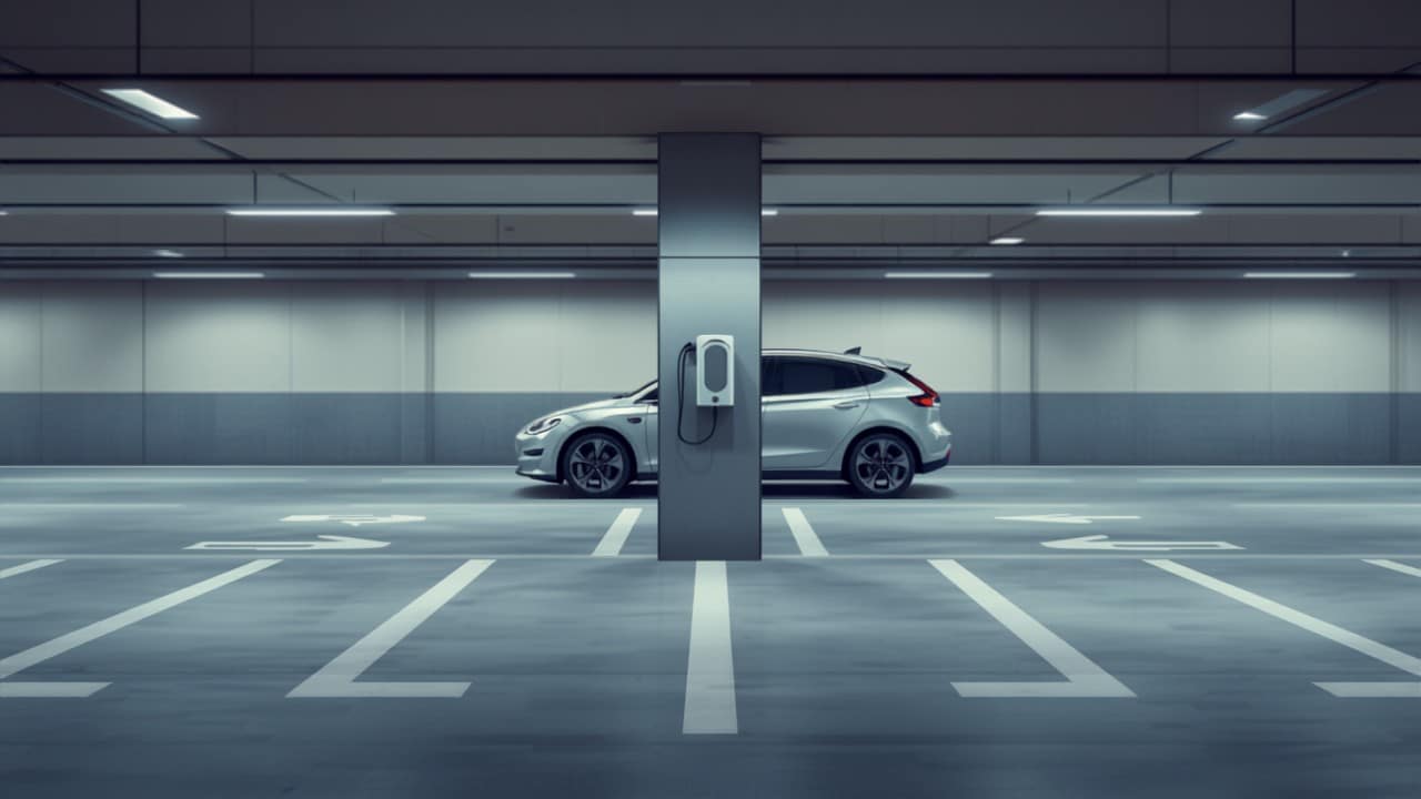 Instalar punto de recarga en garaje comunitario - Punto Recarga Hogar Coche eléctrico cargando en un wallbox en una plaza de un garaje comunitario