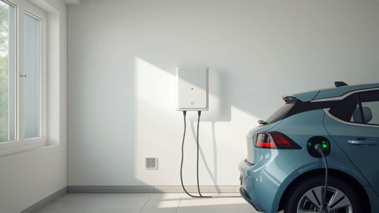 Coche eléctrico cargando en el garaje de una vivienda