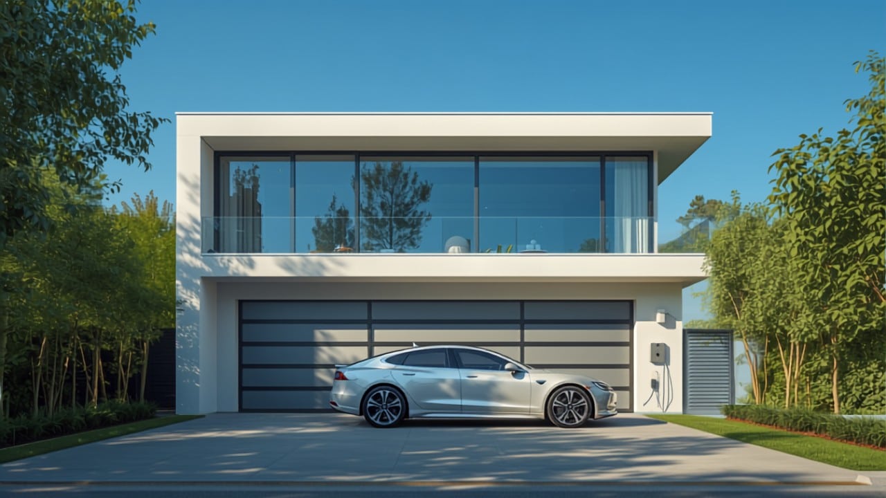 Requisitos para instalar un punto de recarga en vivienda unifamiliar - Punto Recarga Hogar Casa unifamiliar con coche eléctrico cargando en un wallbox junto al garaje