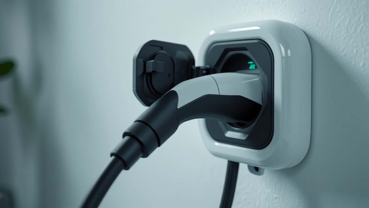 Wallbox con cable o con toma: cuál elegir - Punto Recarga Hogar Conector de carga Tipo 2 enchufado a un wallbox blanco en la pared