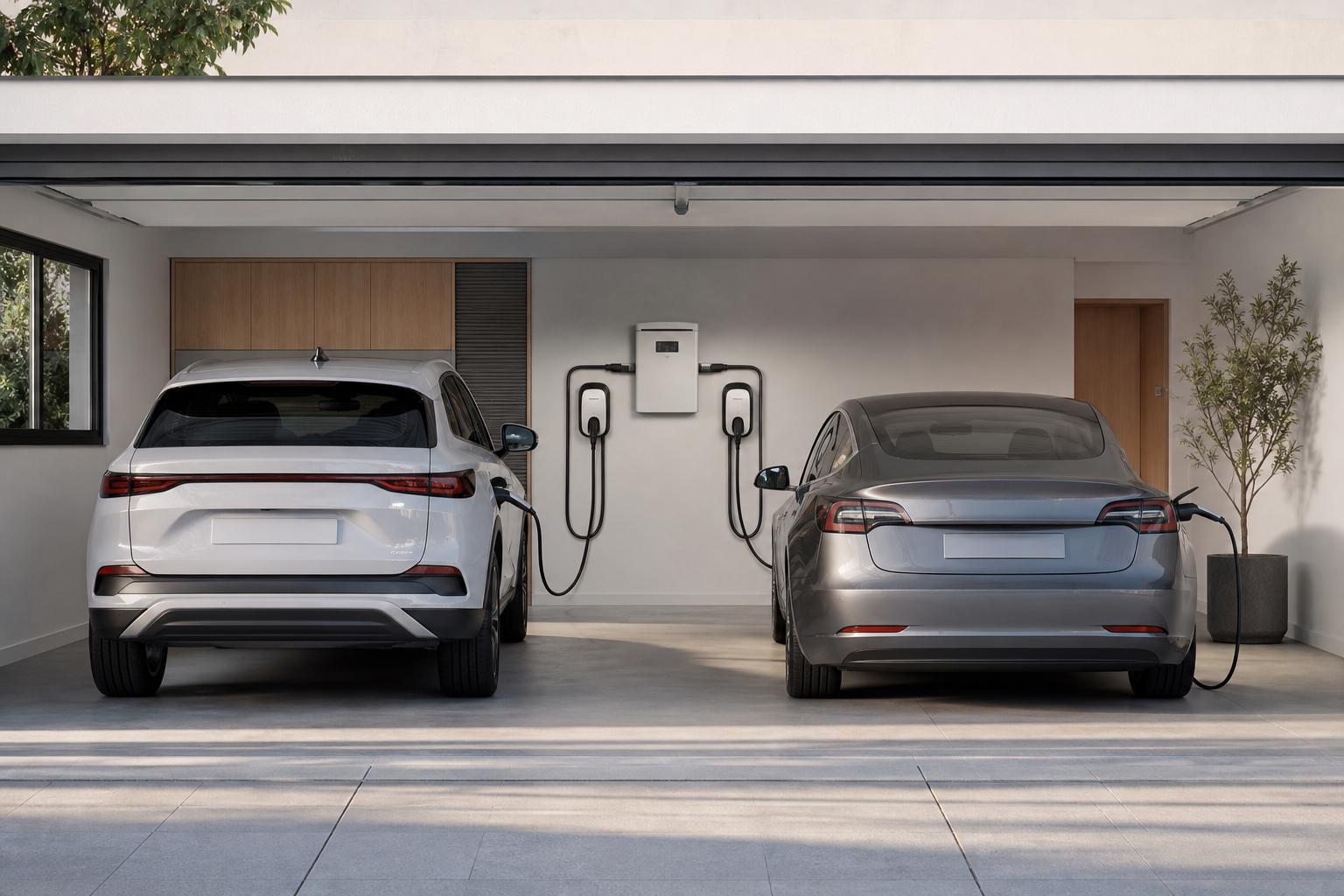 dos-coches-carga-coordinada - Punto Recarga Hogar Cargador para dos coches eléctricos con reparto coordinado de potencia