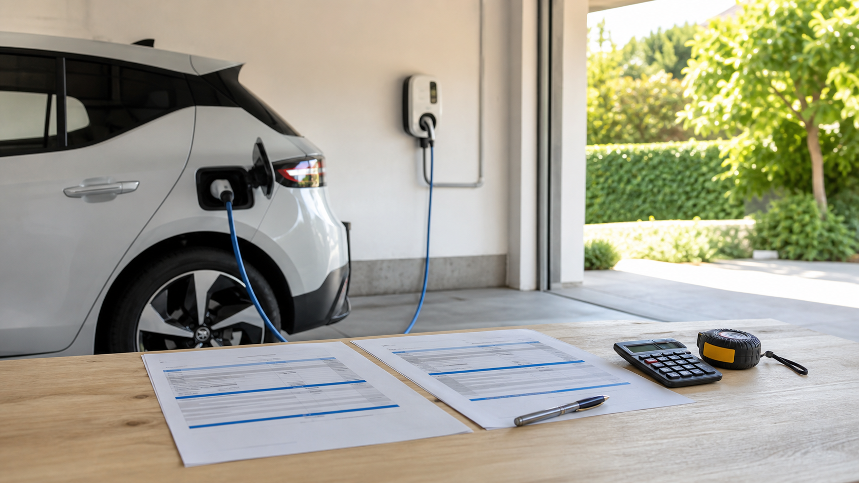 Dos presupuestos y una calculadora delante de un coche eléctrico conectado a un wallbox doméstico
