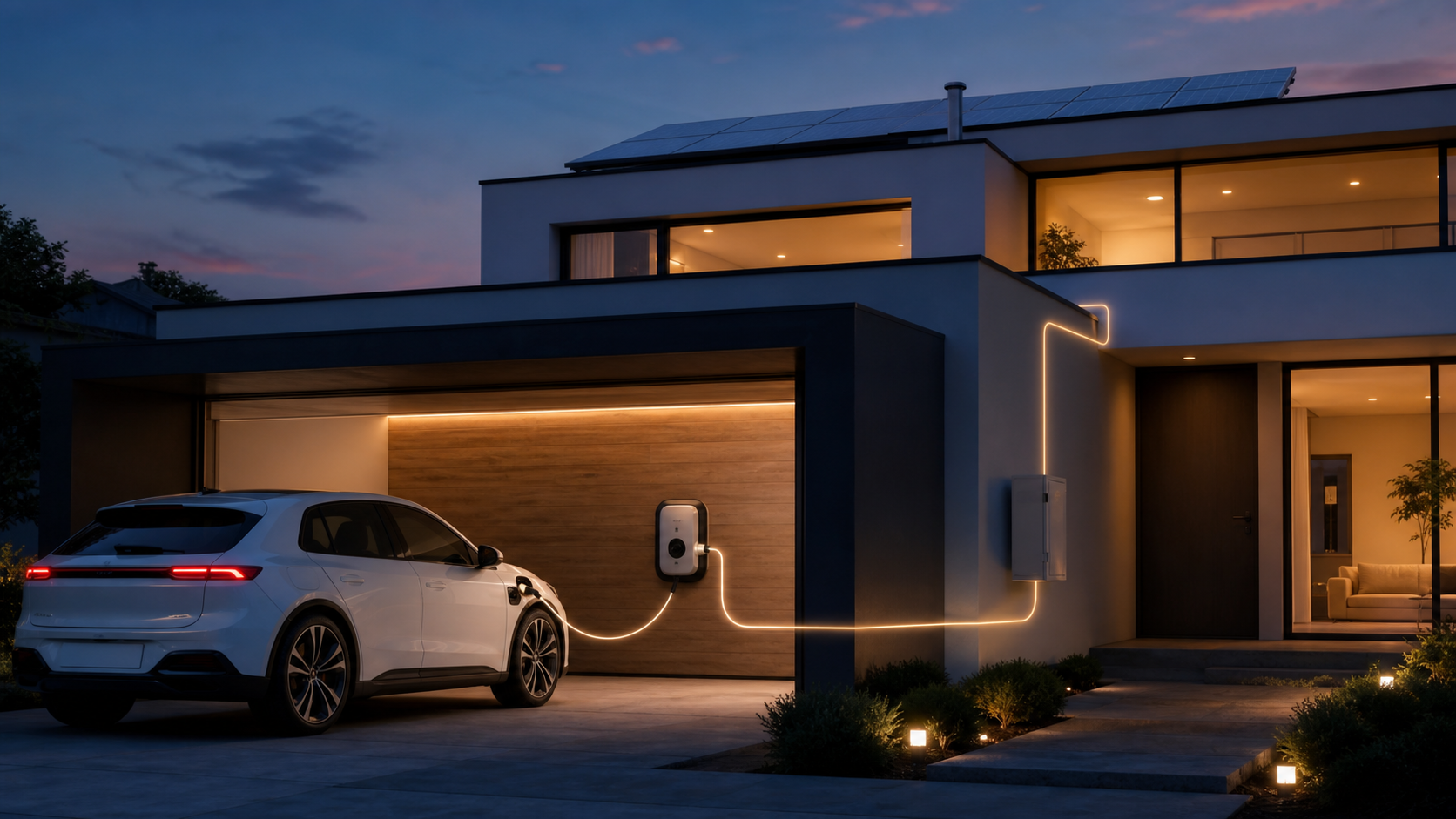 Coche eléctrico conectado a un sistema doméstico de carga bidireccional V2H