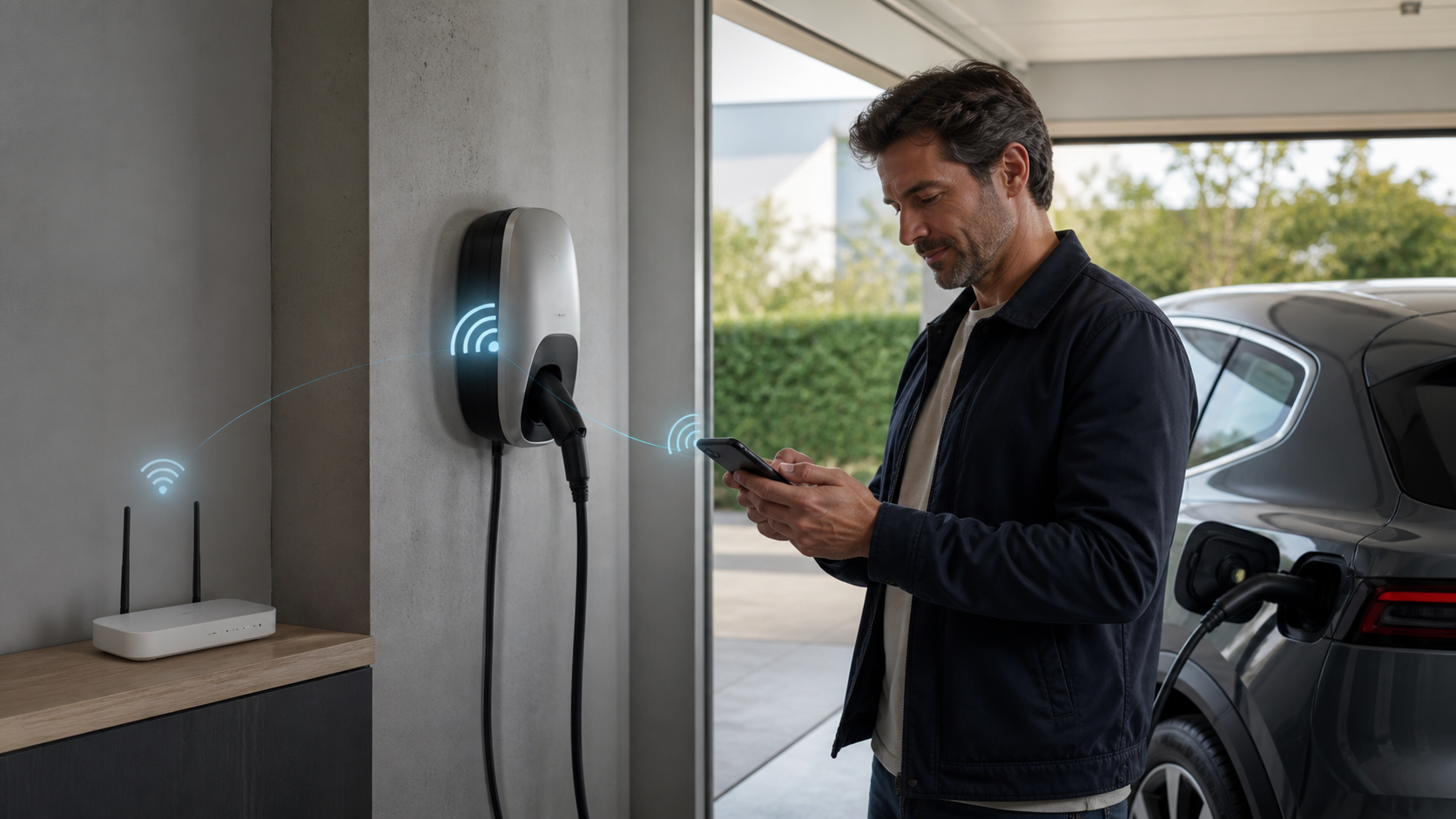 Propietario controlando por móvil la conectividad de un wallbox doméstico